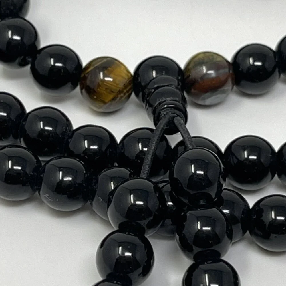 Black Beaded Mala Necklace with Tiger Eye & Gold Script Bead – 36” Prayer Beads